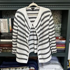 Talbots Cardigan Sweater Open Front Textured White and Black Waterfall Large P